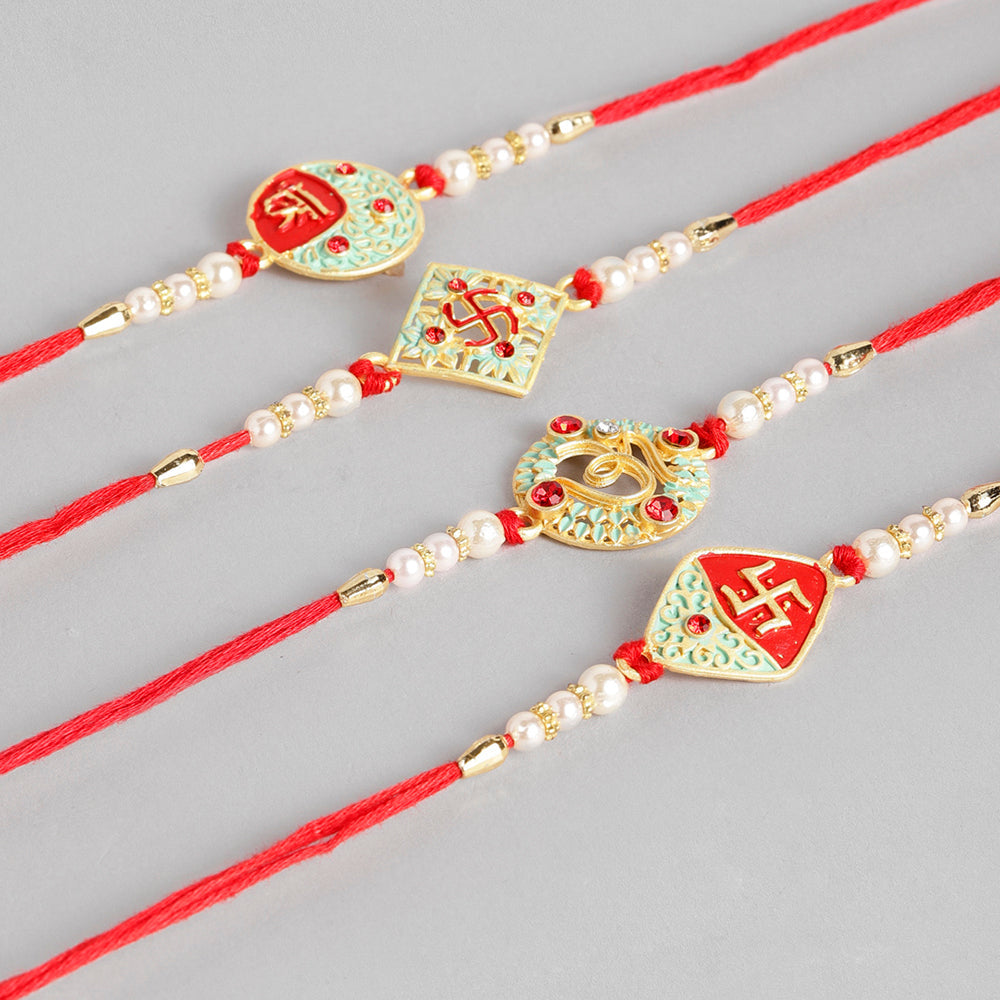 Kord Store 'Om/Swastik/Shree' Design Mint Green/Ruby Mina Multi Stone Rakhi Set Of 4 For Brother