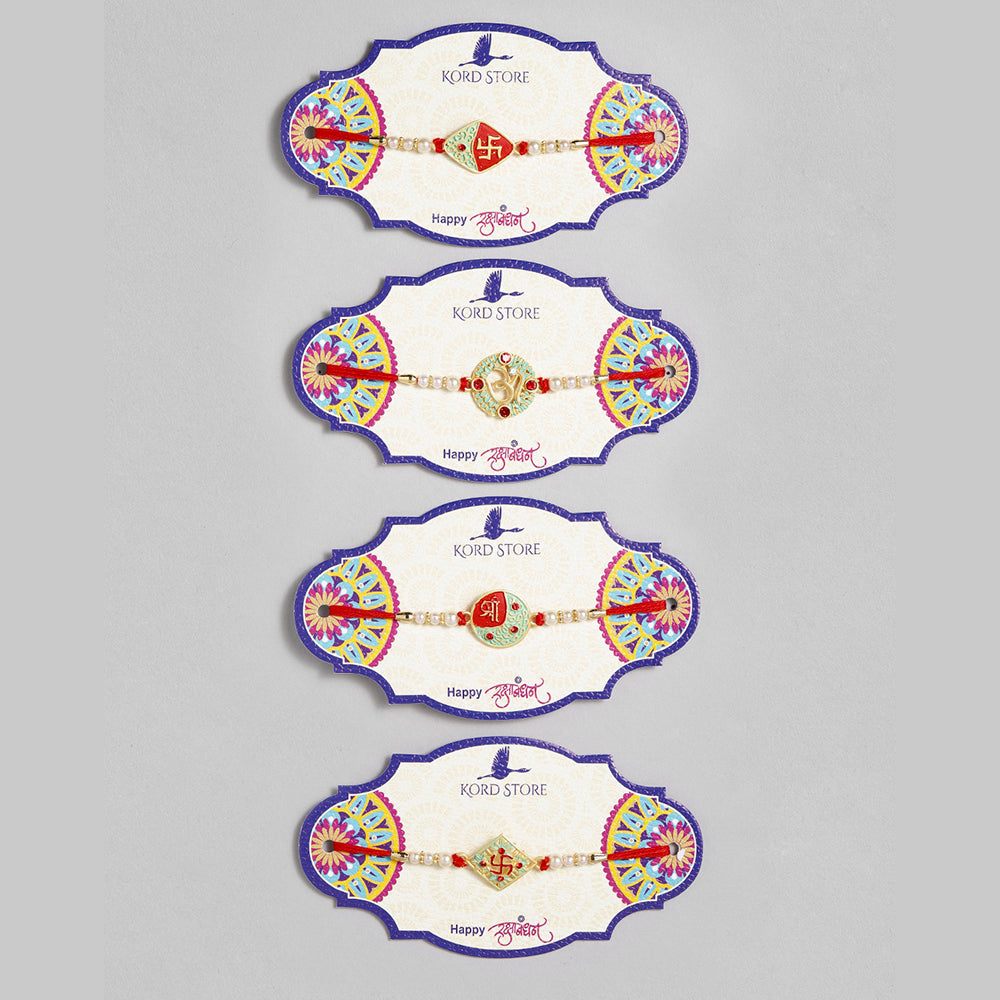 Kord Store 'Om/Swastik/Shree' Design Mint Green/Ruby Mina Multi Stone Rakhi Set Of 4 For Brother