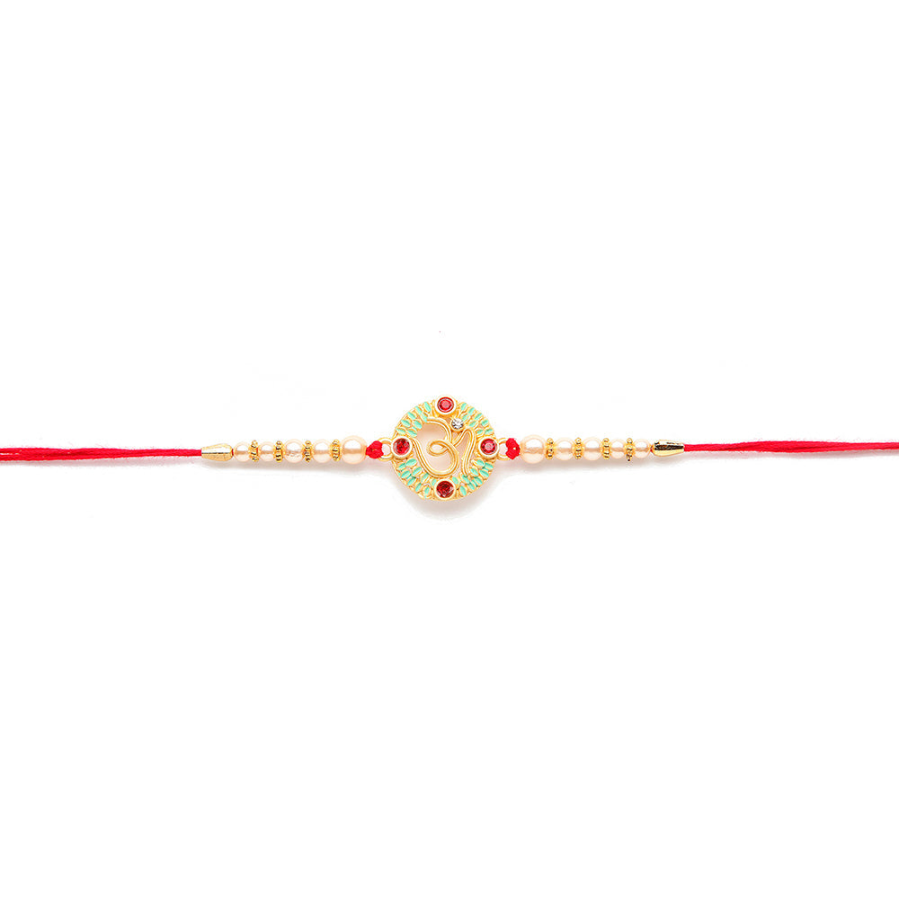 Kord Store 'Om/Swastik/Shree' Design Mint Green/Ruby Mina Multi Stone Rakhi Set Of 4 For Brother