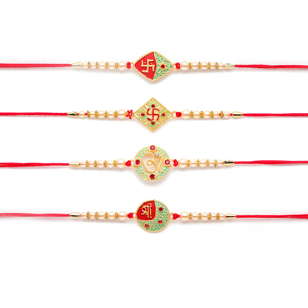 Kord Store 'Om/Swastik/Shree' Design Mint Green/Ruby Mina Multi Stone Rakhi Set Of 4 For Brother