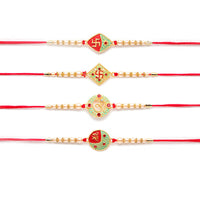 Kord Store 'Om/Swastik/Shree' Design Mint Green/Ruby Mina Multi Stone Rakhi Set Of 4 For Brother