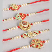 Kord Store 'Ganeshji/Bro/Om/Swastik Design Mint Green/Ruby Mina Multi Stone Rakhi Set Of 5 For Brother