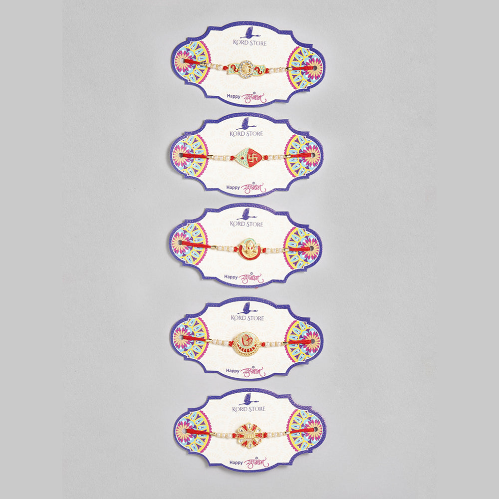 Kord Store 'Ganeshji/Bro/Om/Swastik Design Mint Green/Ruby Mina Multi Stone Rakhi Set Of 5 For Brother