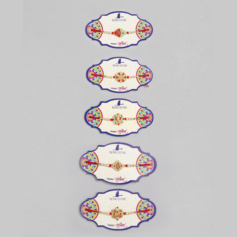 Kord Store Om/Ganeshji/Shree/Bro' Design Mint Green/Ruby Mina Multi Stone Rakhi Set Of 5 For Brother