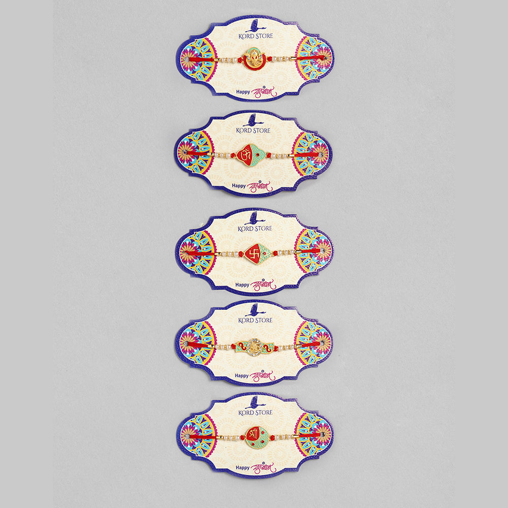 Kord Store 'Om/Shree/Swastik/Ganeshji/Bro' Design Mint Green/Ruby Mina Multi Stone Rakhi Set Of 5 For Brother