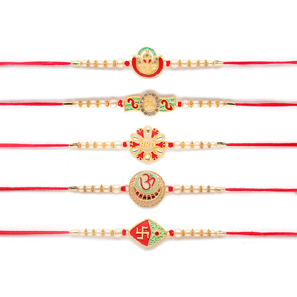 Kord Store 'Om/Shree/Swastik/Ganeshji/Bro' Design Mint Green/Ruby Mina Multi Stone Rakhi Set Of 5 For Brother