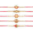 Kord Store 'Om/Shree/Swastik/Ganeshji/Bro' Design Mint Green/Ruby Mina Multi Stone Rakhi Set Of 5 For Brother