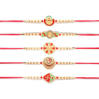 Kord Store 'Om/Shree/Swastik/Ganeshji/Bro' Design Mint Green/Ruby Mina Multi Stone Rakhi Set Of 5 For Brother