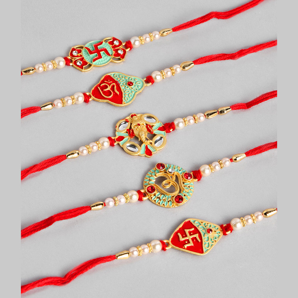 Kord Store 'Om/Ganeshji/Swastik' Design Mint Green/Ruby Mina Multi Stone Rakhi Set Of 5 For Brother