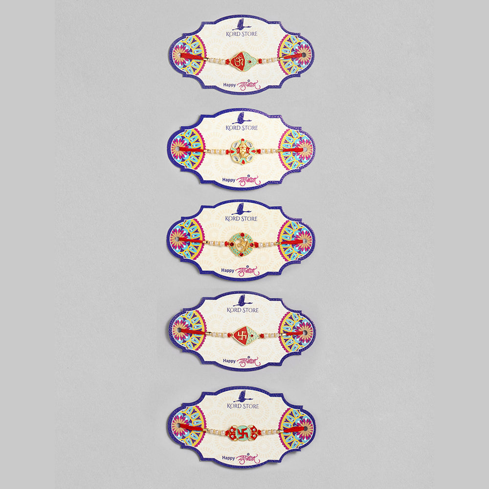 Kord Store 'Om/Ganeshji/Swastik' Design Mint Green/Ruby Mina Multi Stone Rakhi Set Of 5 For Brother