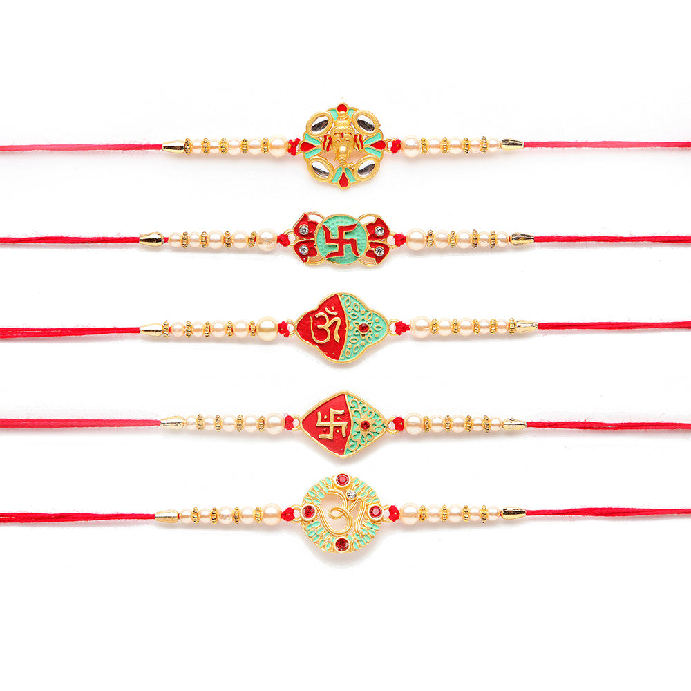 Kord Store 'Om/Ganeshji/Swastik' Design Mint Green/Ruby Mina Multi Stone Rakhi Set Of 5 For Brother