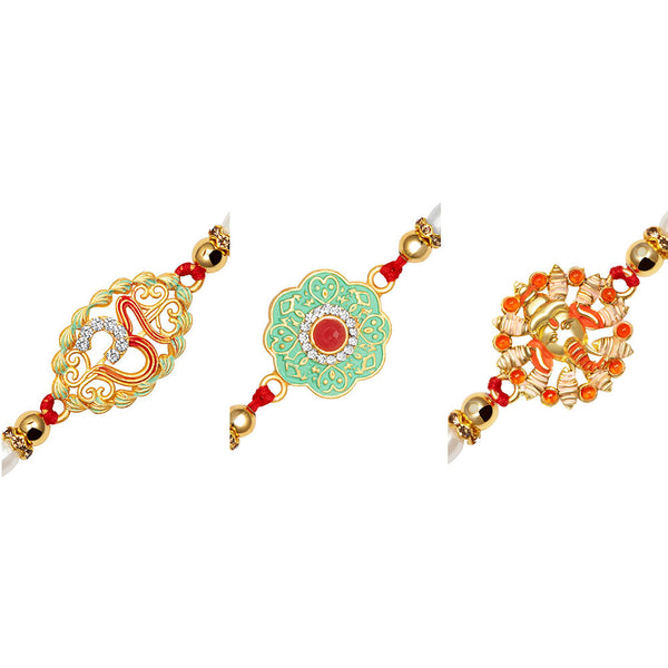Kord Store "OM" & "Lord Ganesha Design Multi-Color Stone & Pearl Gold Plated Set of 3 Rakhi Combo For Brothers