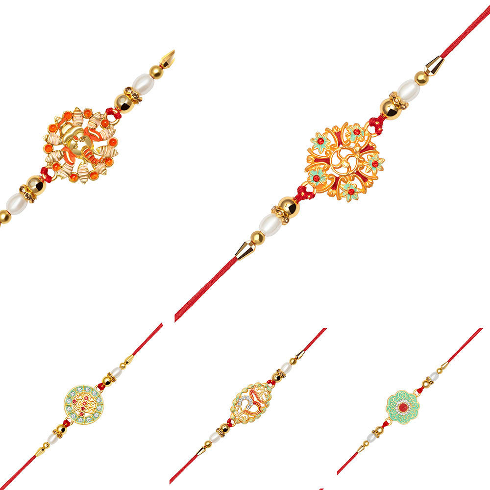 Kord Store "OM" & "Lord Ganesha Design Multi-Color Stone & Pearl Gold Plated Set of 5 Rakhi Combo For Brother
