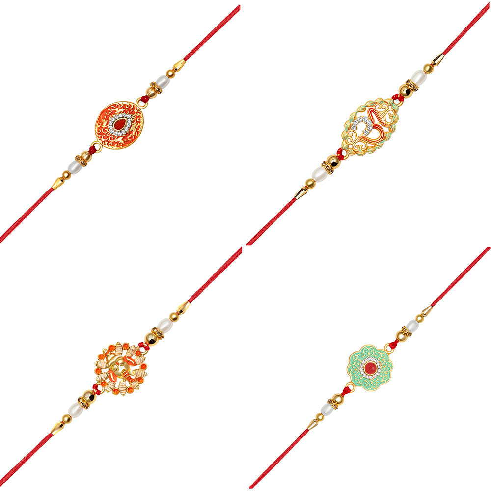 Kord Store "OM" & "Lord Ganesha Design MultiColor Stone & Pearl Gold Plated Set of 4 Rakhi Combo For Brothers