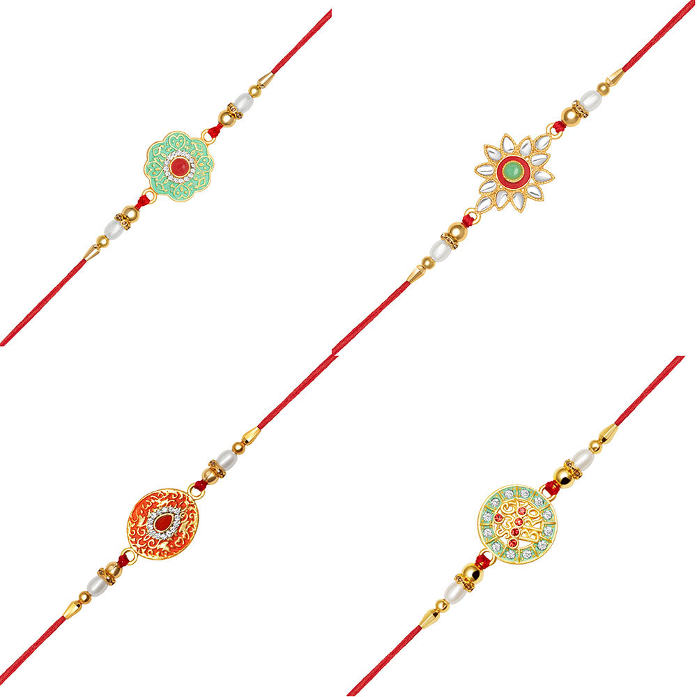 Kord Store Round Shape Multi-Color Stone & Pearl Gold Plated Set of 4 Rakhi Combo For Brother