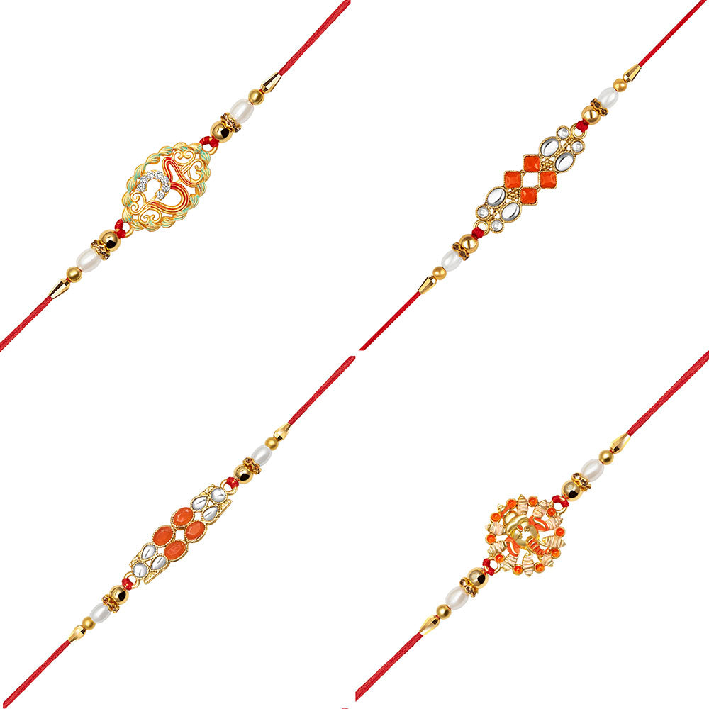 Kord Store "OM" & "Lord Ganesha Design Multi-Color Stone & Pearl Gold Plated Set of 4 Rakhi Combo For Brother