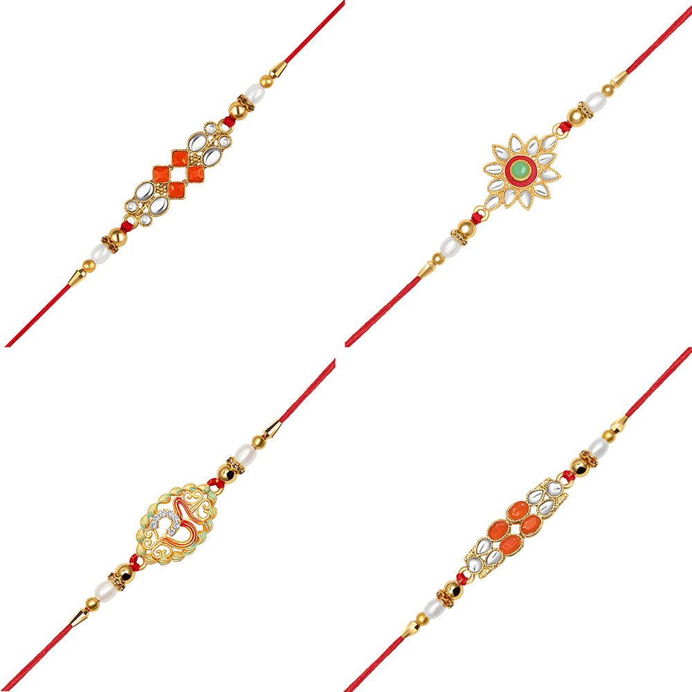 Kord Store "OM" Design Multi-Color Stone & Pearl Gold Plated Set of 4 Rakhi Combo For Brother