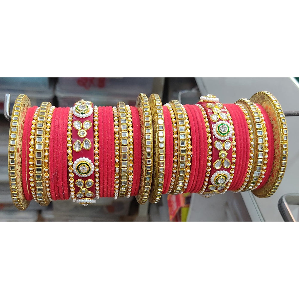 Lucentarts Jewellery  Thread And Acrylic  Kundan Stone Gold Plated Bangles Set