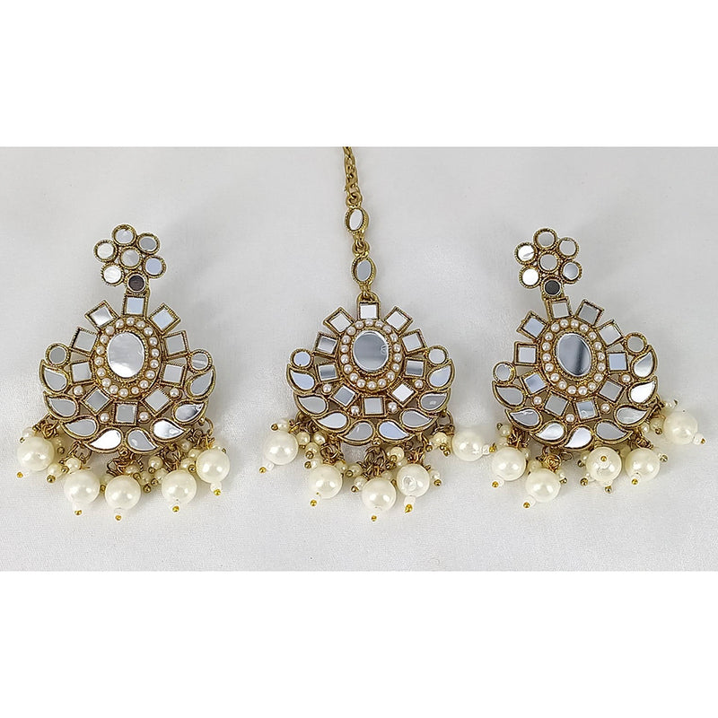 Lucentarts Jewellery Pearl And Beads Mirror Earrrings With Maang Tikka