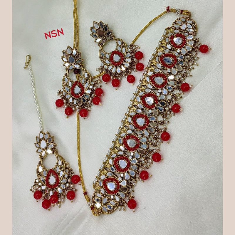 Lucentarts Jewellery Gold Plated Pota Stone & Beads Mirror Necklace Set