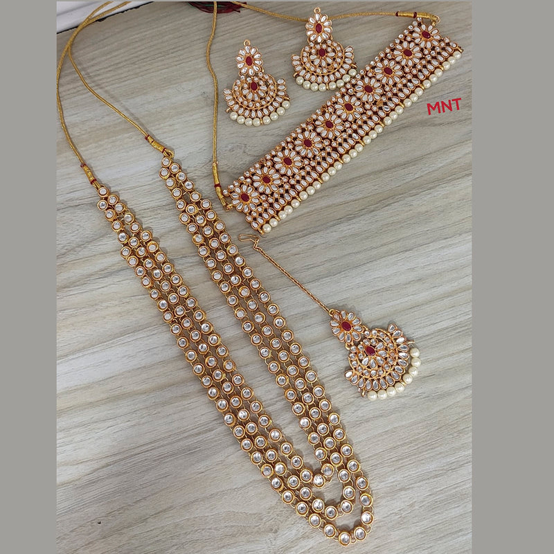 Lucentarts Jewellery Gold Plated Kundan Stone And Beads Double Necklace Set