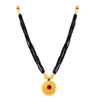 Shrishti Fashion Classy Black Bead Flower Design Pink Stone Gold Plated Mangalsutra For Women