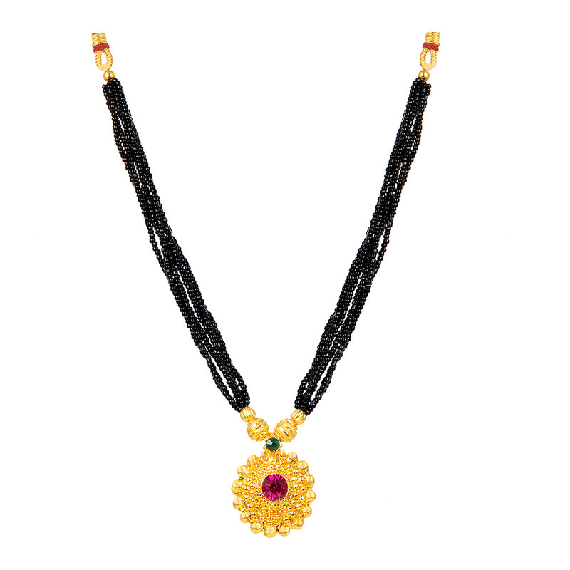 Shrishti Fashion Classy Black Bead Flower Design Pink Stone Gold Plated Mangalsutra For Women