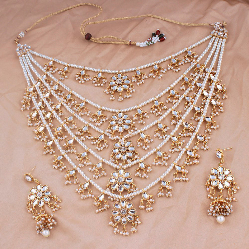 Etnico 18K Gold Plated Multi Strand Floral Kundan & Pearl Beaded Necklace Jewellery Set (M4080W)