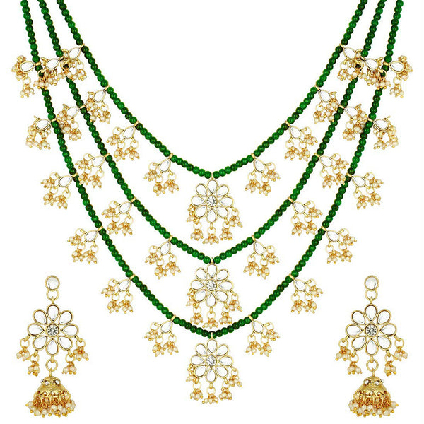 Etnico 3 Layered Multi Strand Floral Kundan & Pearl Beaded Necklace For Women/ Girls (M4094G)