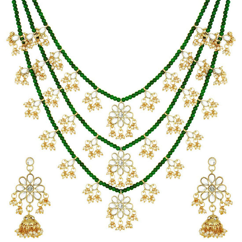 Etnico 3 Layered Multi Strand Floral Kundan & Pearl Beaded Necklace For Women/ Girls (M4094G)