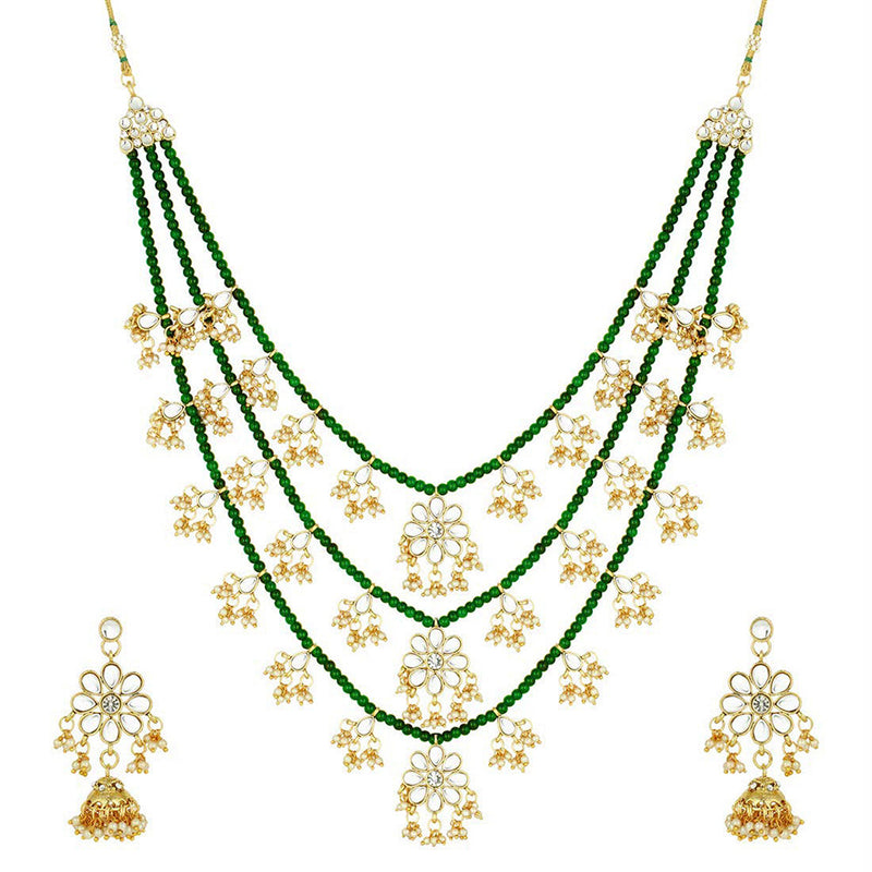 Etnico 3 Layered Multi Strand Floral Kundan & Pearl Beaded Necklace For Women/ Girls (M4094G)