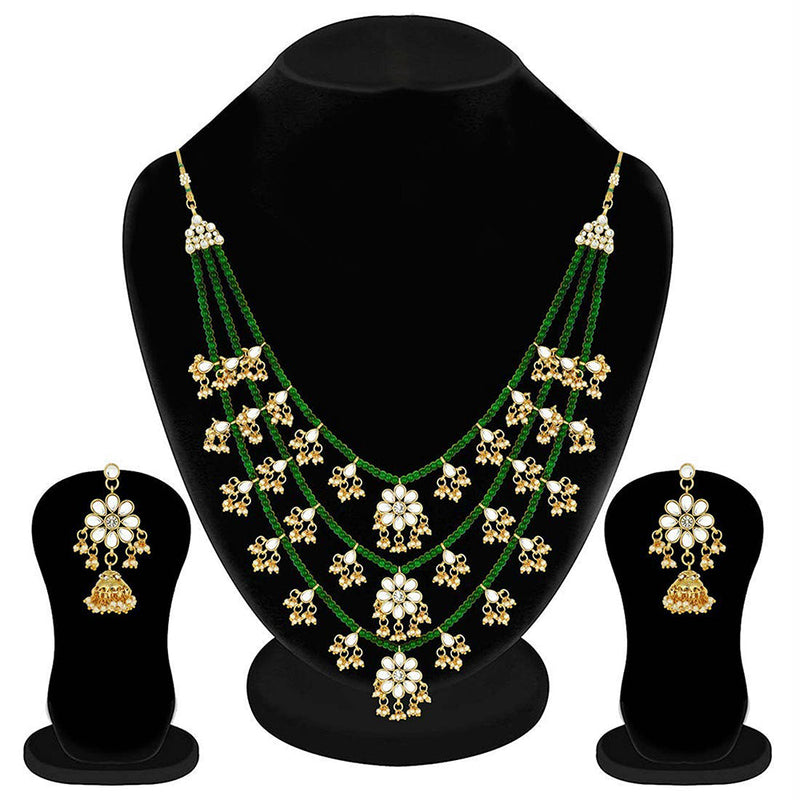 Etnico 3 Layered Multi Strand Floral Kundan & Pearl Beaded Necklace For Women/ Girls (M4094G)