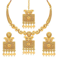 Etnico Antique Gold Plated Handcrafted Polki Traditional Necklace Set with Earrings & Maang Tikka for Women (M4106)