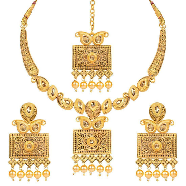 Etnico Antique Gold Plated Handcrafted Polki Traditional Necklace Set with Earrings & Maang Tikka for Women (M4106)