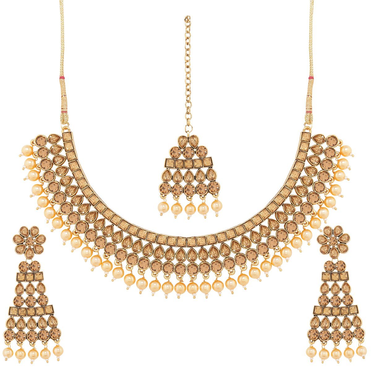 Etnico Traditional Gold Plated Handcrafted Stone Studded & Pearl Necklace Set with Earrings & Maang Tikka for Women (M4111FL)