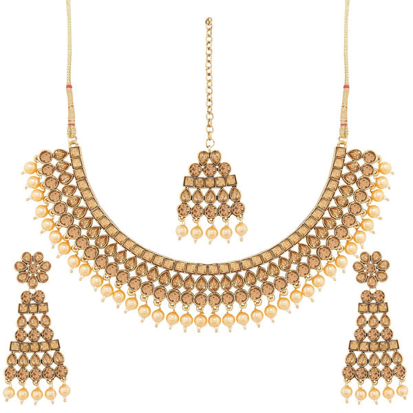 Etnico Traditional Gold Plated Handcrafted Stone Studded & Pearl Necklace Set with Earrings & Maang Tikka for Women (M4111FL)