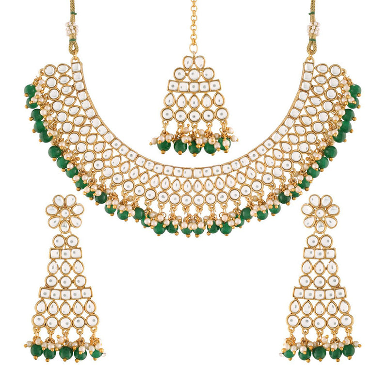 Etnico Traditional Gold Plated Handcrafted Stone Studded & Pearl Necklace Set with Earrings & Maang Tikka for Women (M4111G)