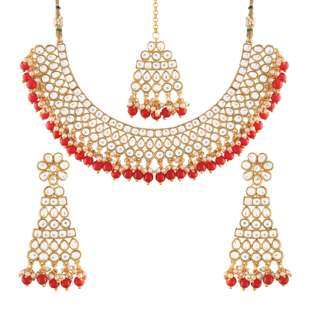 Etnico Traditional Gold Plated Handcrafted Stone Studded & Pearl Necklace Set with Earrings & Maang Tikka for Women (M4111R)