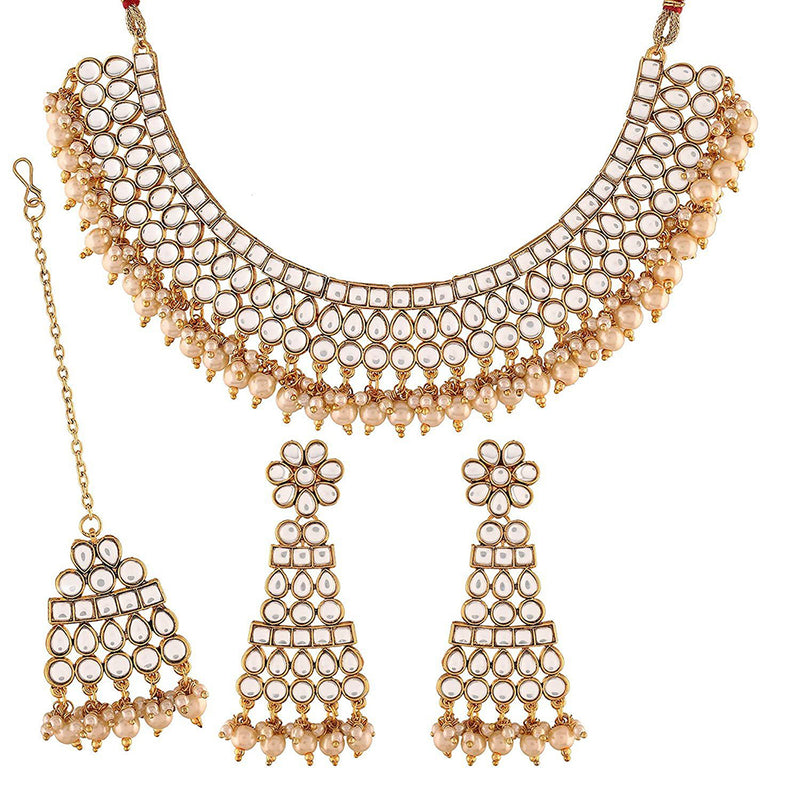 Etnico Gold-plated and Pearl Necklace Set With Maang Tika & Earrings for Women (White)