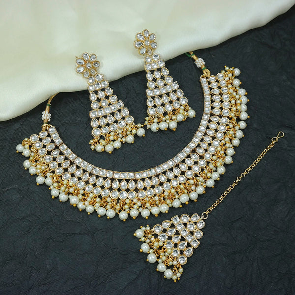 Etnico Gold-plated and Pearl Necklace Set With Maang Tika & Earrings for Women (White)