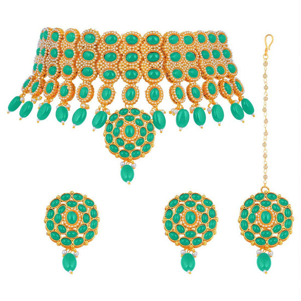 Etnico Pearl Base Metal and Emerald Choker Necklace Set With Mang Tika for Women & Girls (Green)