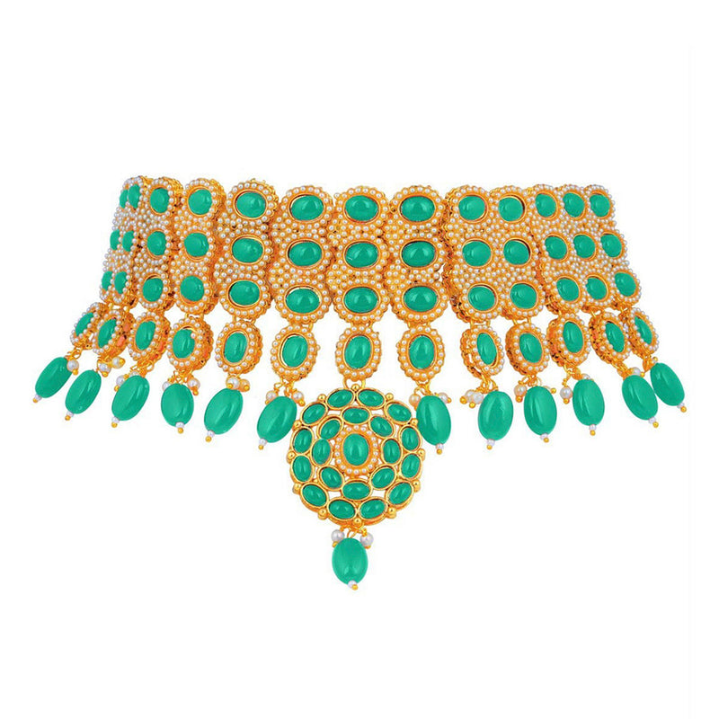 Etnico Pearl Base Metal and Emerald Choker Necklace Set With Mang Tika for Women & Girls (Green)