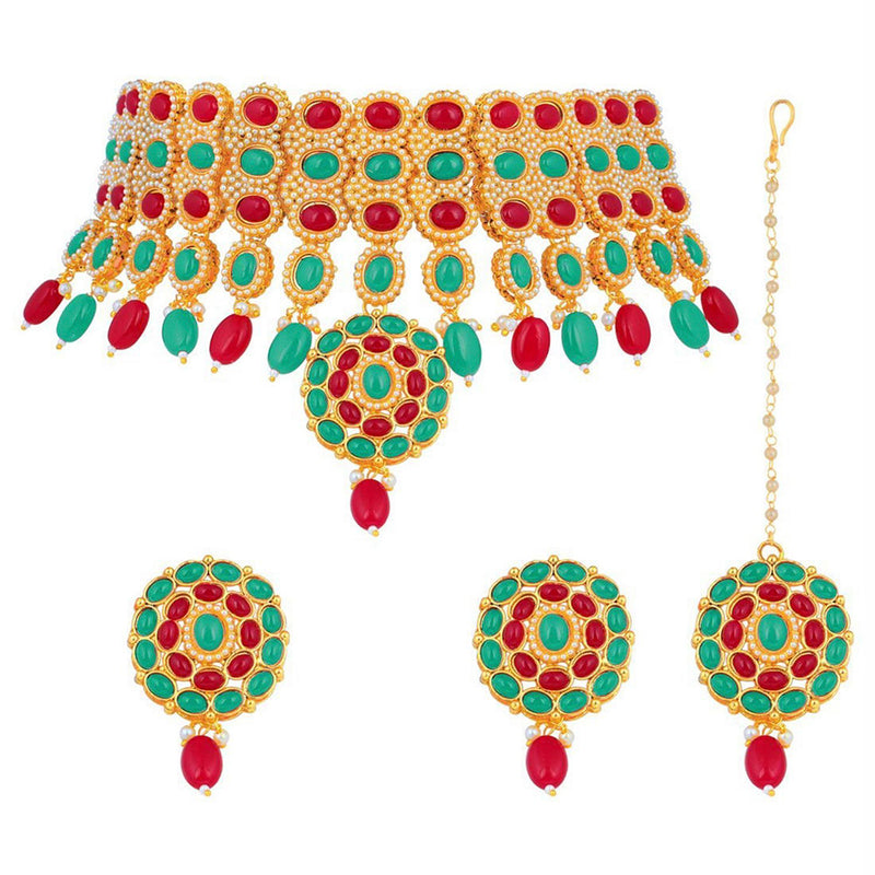 Etnico Traditional Deepika Style Gold Plated Multicolour Bridal Pearl Choker Necklace Set with Maang Tikka for Women