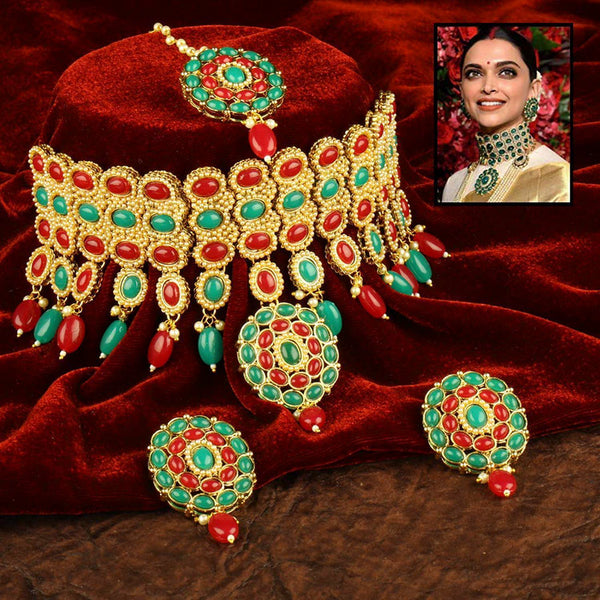 Etnico Traditional Deepika Style Gold Plated Multicolour Bridal Pearl Choker Necklace Set with Maang Tikka for Women