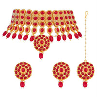 Etnico Traditional Deepika Style Red Gold Plated Bridal Pearl Choker Necklace Set with Maang Tikka for Women