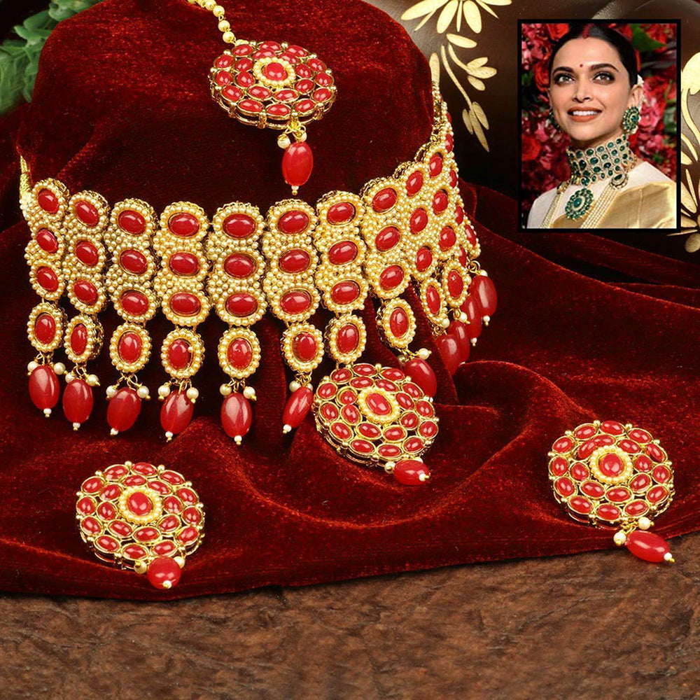 Etnico Traditional Deepika Style Red Gold Plated Bridal Pearl Choker Necklace Set with Maang Tikka for Women