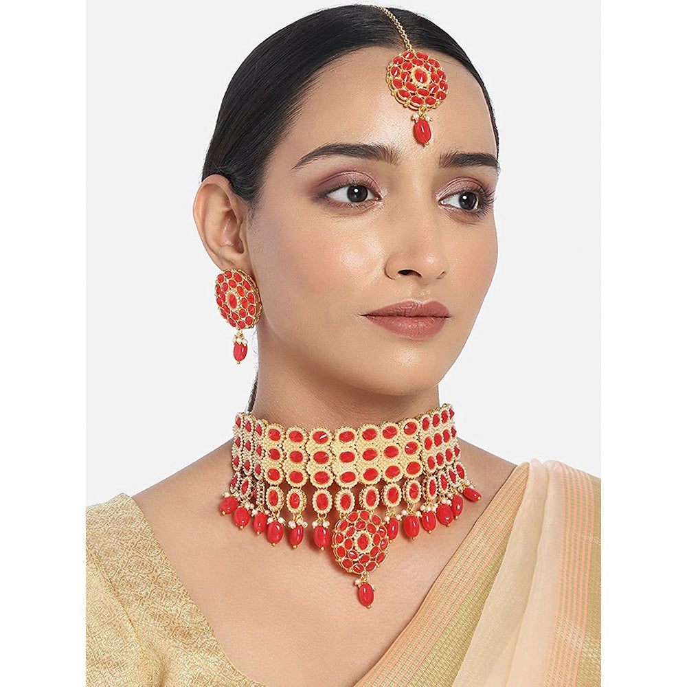 Etnico Traditional Deepika Style Red Gold Plated Bridal Pearl Choker Necklace Set with Maang Tikka for Women