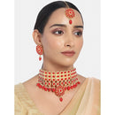 Etnico Traditional Deepika Style Red Gold Plated Bridal Pearl Choker Necklace Set with Maang Tikka for Women