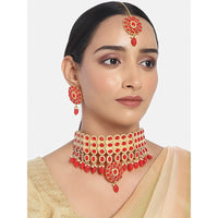 Etnico Traditional Deepika Style Red Gold Plated Bridal Pearl Choker Necklace Set with Maang Tikka for Women