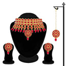 Etnico Traditional Deepika Style Red Gold Plated Bridal Pearl Choker Necklace Set with Maang Tikka for Women